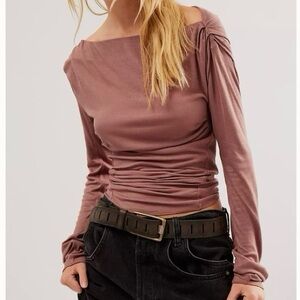 NWT Free People Night We Met Top XS Pink Rose Ruched Off Shoulder Long Sleeve